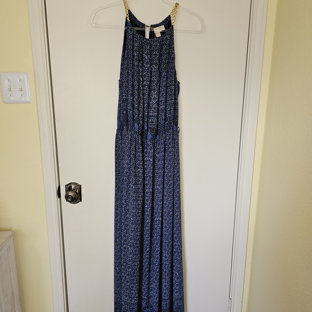 Michael Kors Blue and White Patterned Maxi Dress